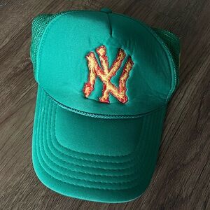 Green Mesh Baseball Cap with Orange Yankees Logo